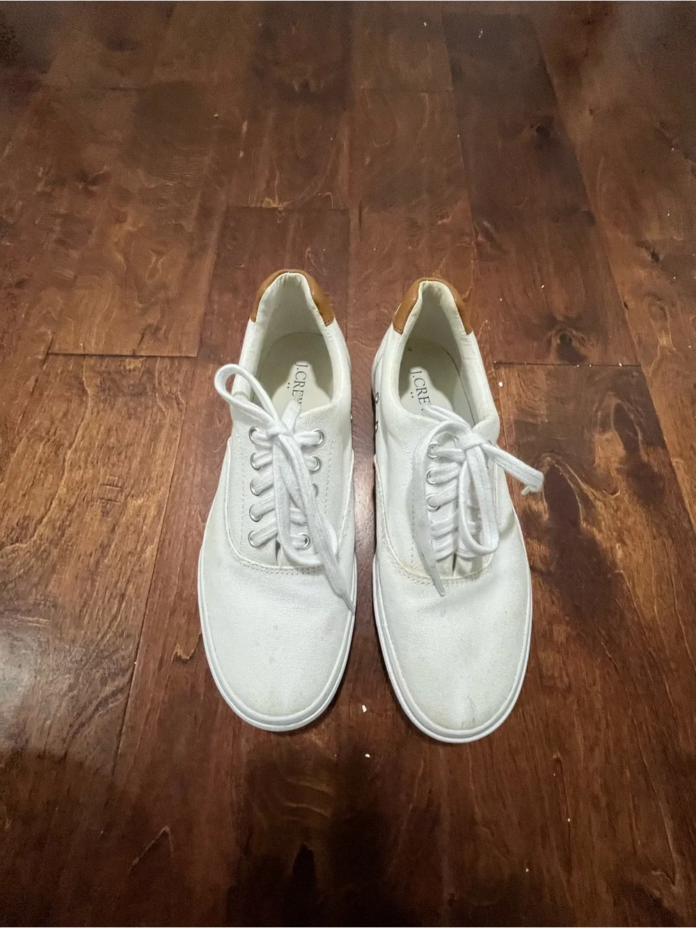 J. Crew White Canvas Sneakers with Tan Heel Accent